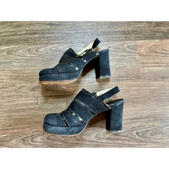 Vintage 1970s Faux Black Suede & Patent Leather Clogs Sling Back AS IS - Picture 5 of 11